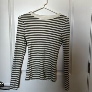 H&M Fitted Ribbed Long Sleeve Tee White and Green